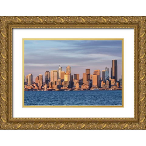 Washington State-Seattle Waterfront and Skyline at Sunset Gold Ornate Wood Framed Art Print with Double Matting by Tilley, Rob
