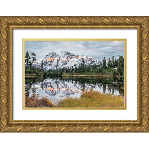 Washington State-Mt Baker and Snoqualmie National Forest-Mt Shuksan and Picture Lake Gold Ornate Wood Framed Art Print with Double Matting by Tilley, Rob