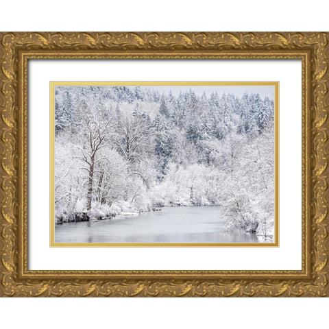 Washington State-Fall City and the Snoqualmie river with winter fresh snow fall Gold Ornate Wood Framed Art Print with Double Matting by Gulin, Sylvia