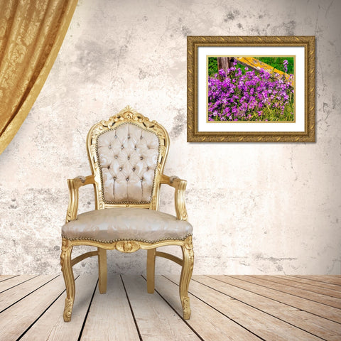 USA-Washington State-Palouse Lichen covered fence post surrounded by dollar plant flowers Gold Ornate Wood Framed Art Print with Double Matting by Gulin, Sylvia