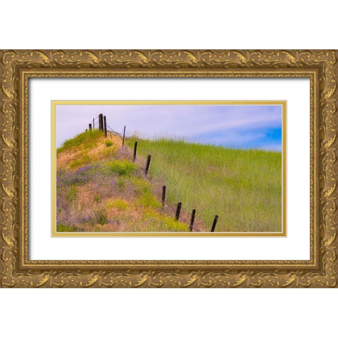 USA-Washington State-Palouse fence line near Winona with vetch and grasses Gold Ornate Wood Framed Art Print with Double Matting by Gulin, Sylvia