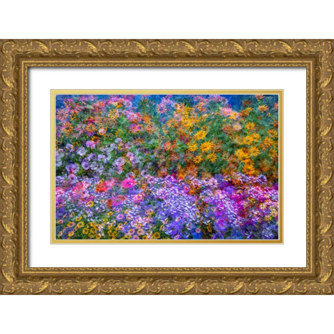 USA-Washington State-Pacific Northwest-Sammamish colorful flowers and blue picket fence Gold Ornate Wood Framed Art Print with Double Matting by Gulin, Sylvia