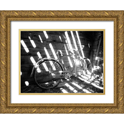Old bicycle inside barn with shadows streaming Gold Ornate Wood Framed Art Print with Double Matting by Eggers, Terry