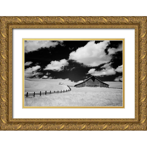 USA-Palouse Country-Washington State-Infrared Palouse fields and barn Gold Ornate Wood Framed Art Print with Double Matting by Eggers, Terry