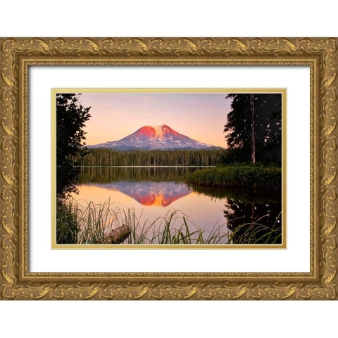 USA-Washington State-Sunset on Mt-Adams reflecting in Lake Takhlakh Gold Ornate Wood Framed Art Print with Double Matting by Eggers, Terry