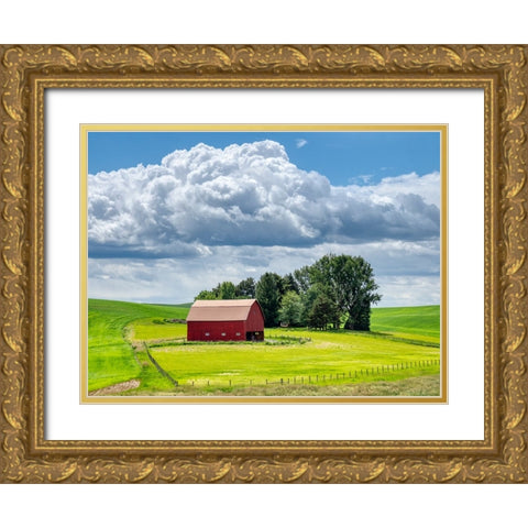 USA-Washington State-Palouse-Old Red barn with fresh green fields Gold Ornate Wood Framed Art Print with Double Matting by Eggers, Terry