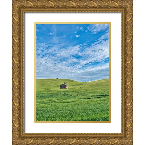 USA-Washington State-Small barn and tracks in wheat field Gold Ornate Wood Framed Art Print with Double Matting by Eggers, Terry