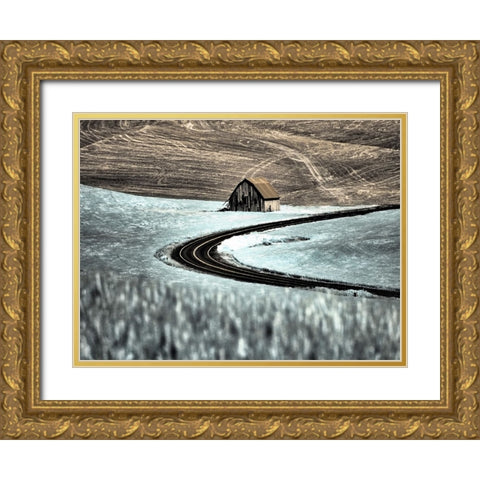 USA-Washington State-Palouse-Road running through the crops with barn along side the road Gold Ornate Wood Framed Art Print with Double Matting by Eggers, Terry