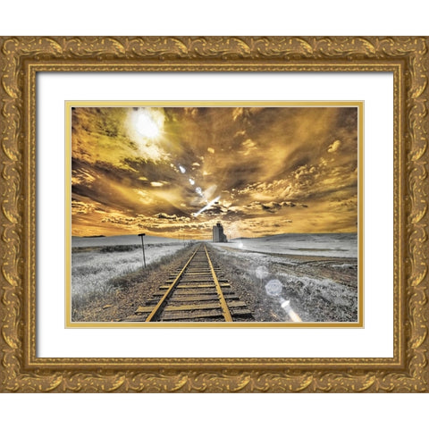 USA-Washington State-Palouse-Backcountry rail Road and Silo through wheat field with clouds Gold Ornate Wood Framed Art Print with Double Matting by Eggers, Terry
