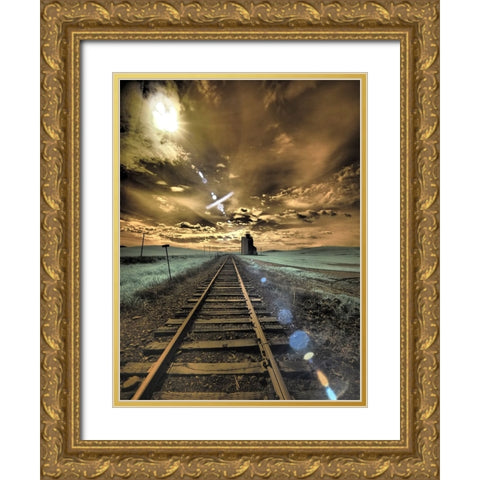 USA-Washington State-Palouse-Backcountry rail Road and Silo through wheat field with clouds Gold Ornate Wood Framed Art Print with Double Matting by Eggers, Terry