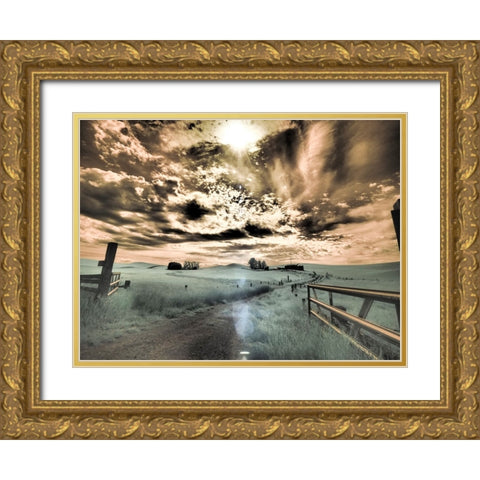 USA-Washington State-Palouse-Backcountry road through wheat field and clouds Gold Ornate Wood Framed Art Print with Double Matting by Eggers, Terry