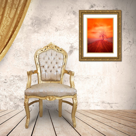 USA-Washington State-Palouse Infrared of lone tree along side country road Gold Ornate Wood Framed Art Print with Double Matting by Eggers, Terry