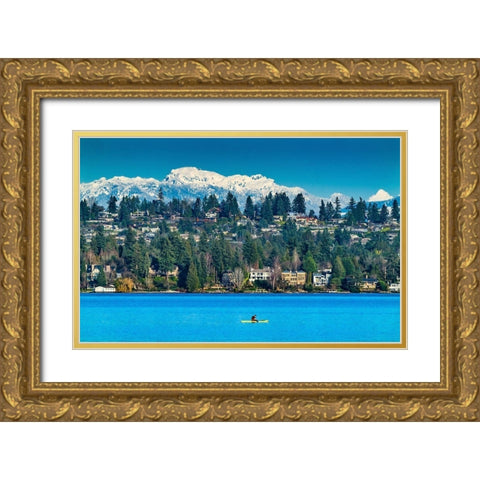 Yellow canoe and houses-Lake Washington and snowcapped Cascade Mountains-Bellevue-Washington State Gold Ornate Wood Framed Art Print with Double Matting by Perry, William