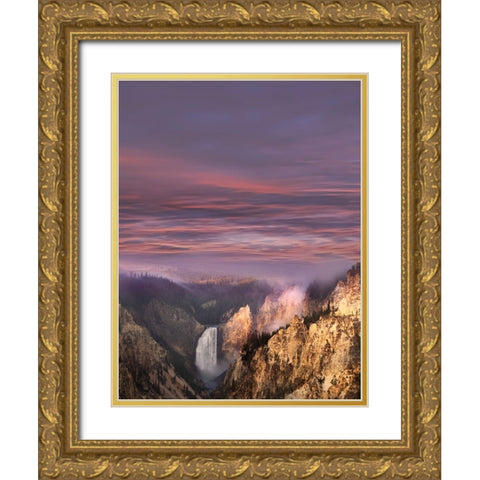 Lower Falls at sunrise from Artist Point-Yellowstone National Park-Wyoming Gold Ornate Wood Framed Art Print with Double Matting by Jones, Adam
