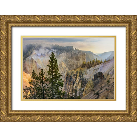 View from Artist Point at sunrise-Grand Canyon of Yellowstone-Yellowstone National Park-Wyoming Gold Ornate Wood Framed Art Print with Double Matting by Jones, Adam
