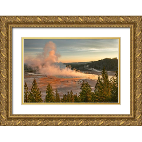 Elevated sunrise view of Grand Prismatic spring and colorful bacterial mat-Yellowstone National Park Gold Ornate Wood Framed Art Print with Double Matting by Jones, Adam