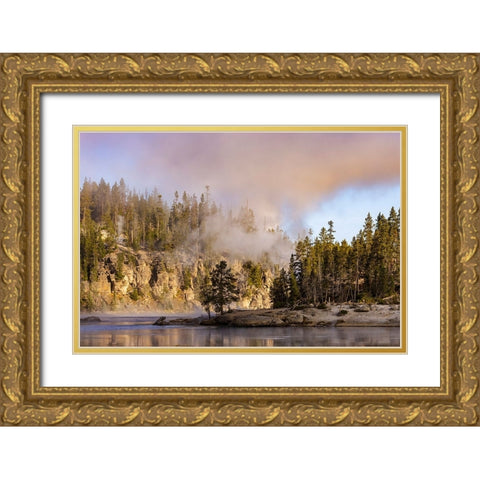 Morning mist on Yellowstone River-Yellowstone National Park-Wyoming Gold Ornate Wood Framed Art Print with Double Matting by Jones, Adam