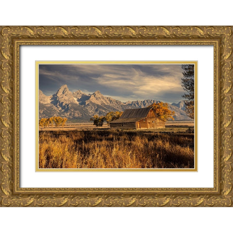 Moulton barn at sunrise and Teton Range-Grand Teton National Park-Wyoming Gold Ornate Wood Framed Art Print with Double Matting by Jones, Adam