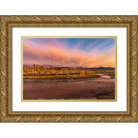 Golden cottonwood and aspen trees at sunset Gros Ventre River-Grand Teton National Park-Wyoming Gold Ornate Wood Framed Art Print with Double Matting by Jones, Adam
