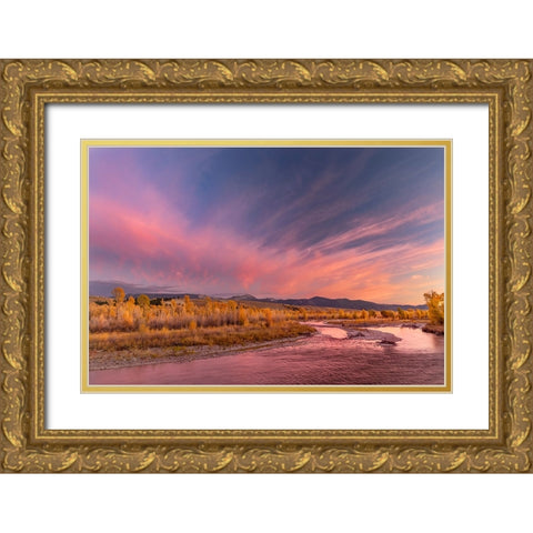 Golden cottonwood and aspen trees at sunset Gros Ventre River-Grand Teton National Park-Wyoming Gold Ornate Wood Framed Art Print with Double Matting by Jones, Adam
