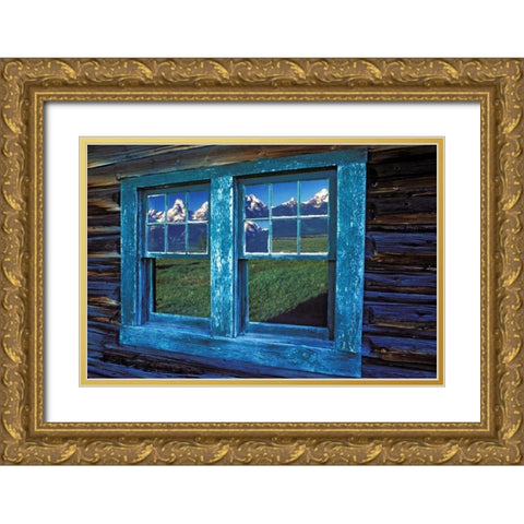 WY, Grand Tetons reflecting in windows at sunrise Gold Ornate Wood Framed Art Print with Double Matting by Kirkland, Dennis