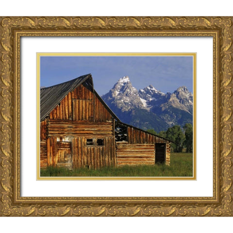 WY, Grand Tetons A weathered wooden barn Gold Ornate Wood Framed Art Print with Double Matting by Flaherty, Dennis