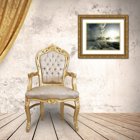 WY, Yellowstone, Castle Geyser Silhouette of elk Gold Ornate Wood Framed Art Print with Double Matting by Zuckerman, Jim