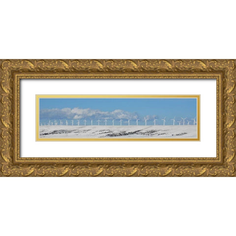 WY, Foote Creek Rim Row of wind turbines in snow Gold Ornate Wood Framed Art Print with Double Matting by Terrill, Steve