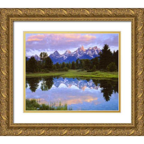 Wyoming Grand Tetons reflect in the Snake River Gold Ornate Wood Framed Art Print with Double Matting by Talbot Frank, Christopher