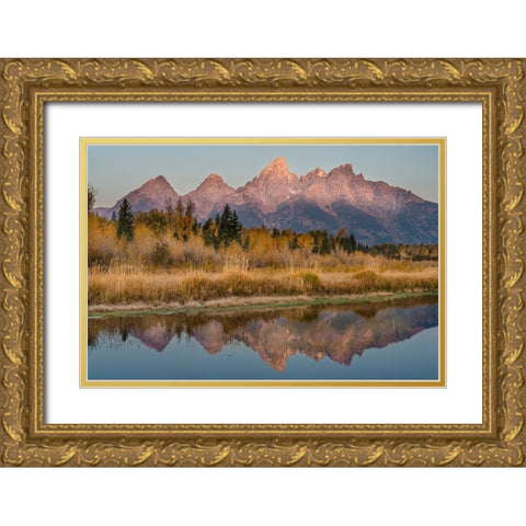 USA-Wyoming-Grand Teton National Park Grand Teton Mountains reflect in lake Gold Ornate Wood Framed Art Print with Double Matting by Jaynes Gallery