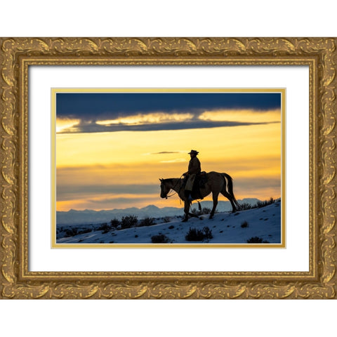 USA- Shell- Wyoming. Hideout Ranch cowgirl silhouetted on horseback at sunset.  Gold Ornate Wood Framed Art Print with Double Matting by Gulin, Darrell