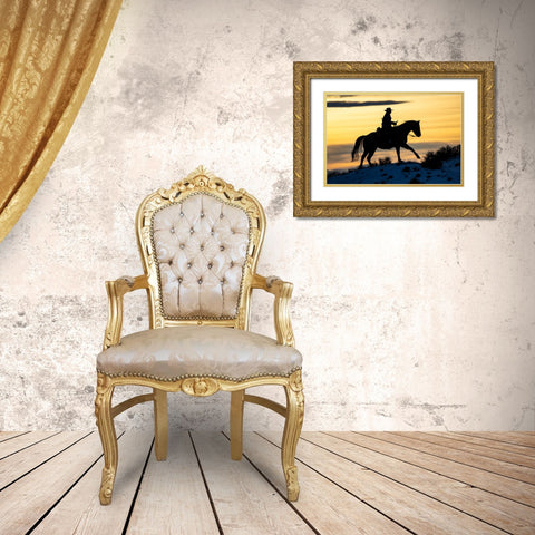 USA- Shell- Wyoming. Hideout Ranch cowgirl silhouetted on horseback at sunset.  Gold Ornate Wood Framed Art Print with Double Matting by Gulin, Darrell