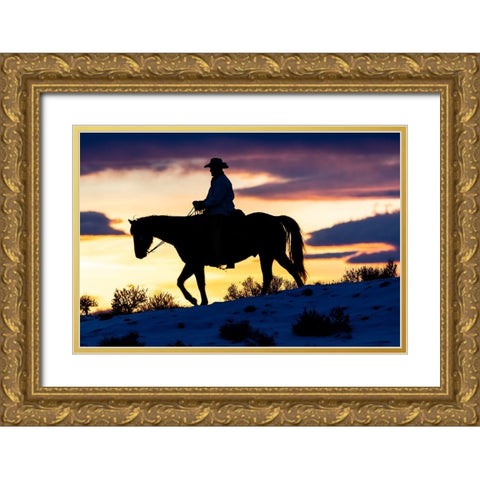 USA- Shell- Wyoming. Hideout Ranch cowboy on horseback silhouetted at sunset.  Gold Ornate Wood Framed Art Print with Double Matting by Gulin, Darrell