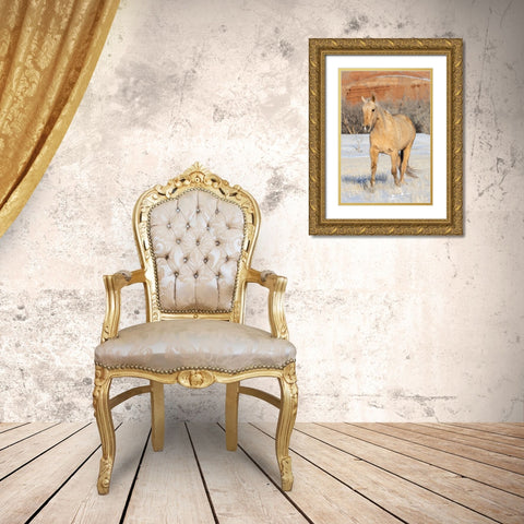 USA- Shell- Wyoming. Hideout Ranch lone horse in snow.  Gold Ornate Wood Framed Art Print with Double Matting by Gulin, Darrell