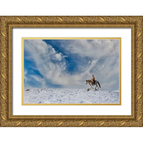 USA- Shell- Wyoming. Hideout Ranch cowgirl on horseback riding on ridgeline snow.  Gold Ornate Wood Framed Art Print with Double Matting by Gulin, Darrell