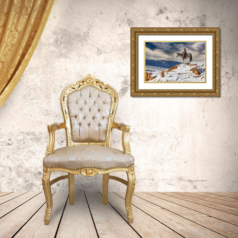 USA- Shell- Wyoming. Hideout Ranch cowgirl on horseback riding on ridgeline snow.  Gold Ornate Wood Framed Art Print with Double Matting by Gulin, Darrell