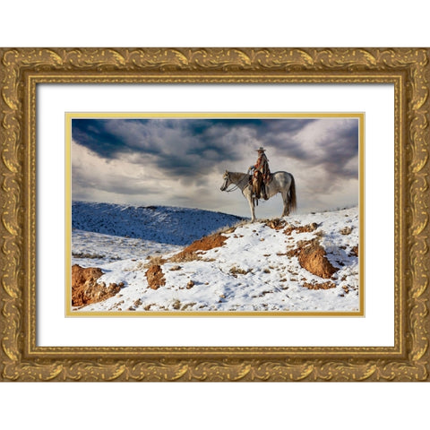 USA- Shell- Wyoming. Hideout Ranch cowgirl on horseback riding on ridgeline snow.  Gold Ornate Wood Framed Art Print with Double Matting by Gulin, Darrell