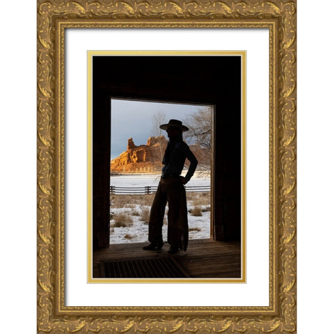 USA- Shell- Wyoming. Hideout Ranch with cowgirl silhouetted in doorway of log cabin.  Gold Ornate Wood Framed Art Print with Double Matting by Gulin, Darrell