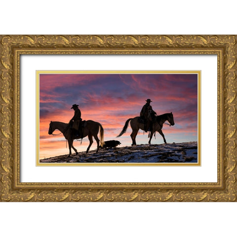 USA- Shell- Wyoming. Hideout Ranch cowgirls and dog silhouetted against sunsets sky.  Gold Ornate Wood Framed Art Print with Double Matting by Gulin, Darrell