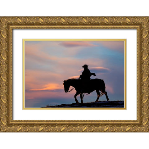 USA- Shell- Wyoming. Hideout Ranch cowgirl silhouetted on horseback at sunset.  Gold Ornate Wood Framed Art Print with Double Matting by Gulin, Darrell