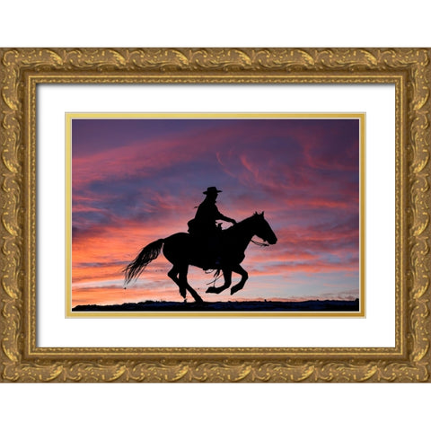 USA- Shell- Wyoming. Hideout Ranch cowgirl silhouetted on horseback at sunset.  Gold Ornate Wood Framed Art Print with Double Matting by Gulin, Darrell