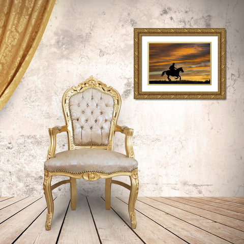 USA- Shell- Wyoming. Hideout Ranch cowgirl silhouetted on horseback at sunset.  Gold Ornate Wood Framed Art Print with Double Matting by Gulin, Darrell