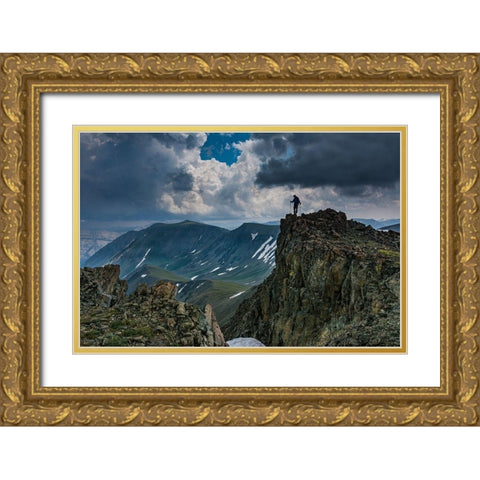 Male climber on ridge-Absaroka Mountains near Cody and Meeteetse-Wyoming-Washakie Wilderness Gold Ornate Wood Framed Art Print with Double Matting by Garber, Howie