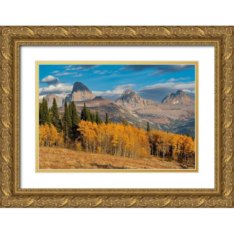 Landscape of Mt Owen-Grand Teton and Middle Teton from the west-golden fall foliage Gold Ornate Wood Framed Art Print with Double Matting by Garber, Howie