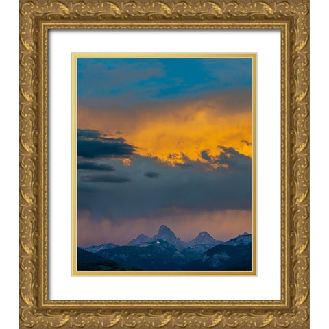 USA-Wyoming-Dramatic sky at sunset over Grand Teton-west side of Teton Mountains Gold Ornate Wood Framed Art Print with Double Matting by Garber, Howie