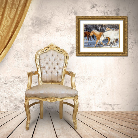 USA- Wyoming. Hideout Horse Ranch- horses crossing the stream.  Gold Ornate Wood Framed Art Print with Double Matting by Looney, Hollice