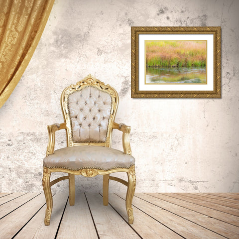 Wyoming-Grand Tetons National Park waters edge Snake River and golden grasses reflected in water Gold Ornate Wood Framed Art Print with Double Matting by Gulin, Sylvia