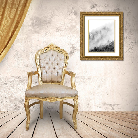 Wyoming-Hoback-clouds intermingling with evergreens on rainy morning in black and white Gold Ornate Wood Framed Art Print with Double Matting by Gulin, Sylvia