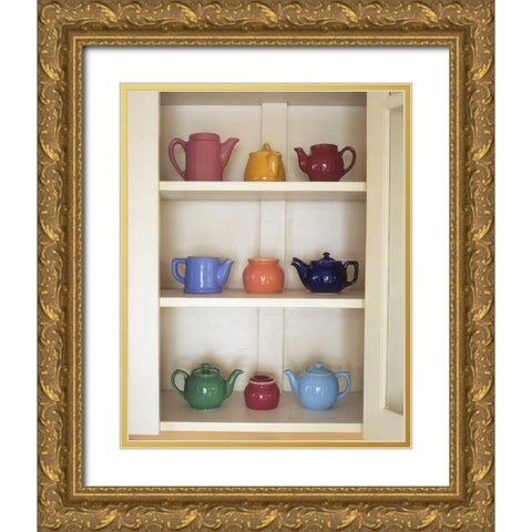 Antique ceramic teapots and sugar bowls in cupboard Gold Ornate Wood Framed Art Print with Double Matting by Terrill, Steve