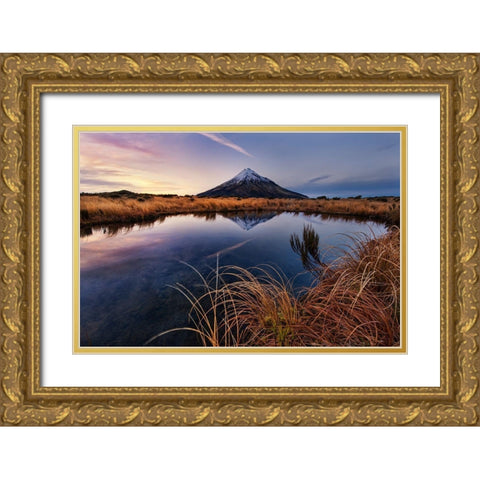 Mount Taranaki: Morning Breeze Gold Ornate Wood Framed Art Print with Double Matting by Zhang, Yan